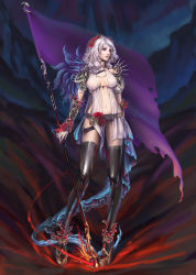 Rule 34 | 10s, 1girl, 2013, armor, black thighhighs, breasts, center opening, detached sleeves, flag, flower, full body, grey hair, highres, lips, lipstick, long hair, looking afar, makeup, navel, purple eyes, quantumnucleonic, red eyes, short hair, solo, standing, thighhighs, thighs, watermark, white hair, zettai ryouiki