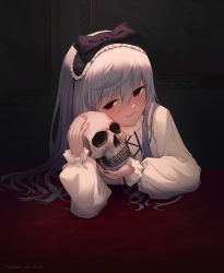 Rule 34 | 1girl, absurdres, artist name, black bow, black nails, bow, brown nails, commentary, dated, doll, frilled sleeves, frills, hair between eyes, hair bow, highres, holding, holding skull, indoors, lolita fashion, long hair, long sleeves, looking at viewer, nail polish, original, painting (object), pangbai 666, red eyes, skull, smile, solo, teeth, upper body, very long hair