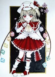 Rule 34 | 1girl, absurdres, adapted costume, ascot, back bow, blonde hair, bow, buttons, capelet, center frills, crystal, flandre scarlet, frilled ascot, frilled bow, frilled capelet, frilled skirt, frilled socks, frills, full body, highres, holding, looking at viewer, marker (medium), medium hair, multicolored wings, open mouth, pigeon-toed, red bow, red capelet, red eyes, red footwear, red skirt, shirt, shoes, side ponytail, simple background, skirt, socks, solo, touhou, traditional media, unknown m g, weapon, white headwear, white shirt, white socks, wings, yellow ascot