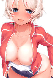 Rule 34 | 1girl, :d, areola slip, blue eyes, blush, breasts, cleavage, cleft of venus, hayami hina, large breasts, leaning forward, long sleeves, looking at viewer, m-da s-tarou, no bra, open clothes, open mouth, open shirt, school swimsuit, shirt, short hair, simple background, smile, solo, swimsuit, swimsuit under clothes, tan, tanline, track suit, undressing, white background, white hair