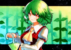 Rule 34 | 1girl, ascot, closed umbrella, collared shirt, green hair, highres, kazami yuuka, long sleeves, open clothes, open vest, parasol, plaid, plaid vest, qqqrinkappp, red eyes, red vest, shirt, short hair, touhou, traditional media, umbrella, vest, white shirt