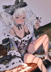 Rule 34 | 1girl, bare shoulders, black bra, black footwear, black nails, black panties, blush, body writing, bow, bowtie, bra, breasts, cleavage, coin, detached sleeves, dragon quest, dragon quest x, earrings, floral print, frills, grin, hair bow, high heels, highres, japanese clothes, jewelry, kaede (sayappa), kimono, long hair, marker, nail polish, panties, purple eyes, sitting, smile, solo, twintails, underwear, white hair