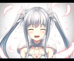 Rule 34 | 1girl, ^ ^, blush, breasts, cleavage, collarbone, closed eyes, feathers, flower, fur, hair flower, hair ornament, letterboxed, long hair, mitou shoukan://blood sign, munuu, open mouth, shiroki jo&#039;ou, silver hair, smile, solo, twintails, upper body