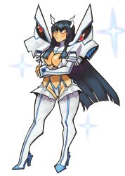 Rule 34 | 1girl, absurdres, armor, black hair, blunt bangs, breasts, center opening, cleavage, crossed arms, eduedude, elbow gloves, fake horns, frown, full body, garter straps, gloves, highres, horns, junketsu, kamui (kill la kill), kill la kill, kiryuuin satsuki, living clothes, long hair, medium breasts, navel, pauldrons, revealing clothes, shoulder armor, sidelocks, simple background, solo, star (symbol), thick eyebrows, thick thighs, thighhighs, thighs, white gloves, white thighhighs
