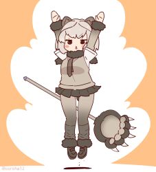 Rule 34 | 1girl, animal ears, arms up, bear ears, bear girl, bear tail, brown background, cardigan, coroha, extra ears, full body, grey hair, grizzly bear (kemono friends), jumping, kemono friends, looking at viewer, necktie, pantyhose, scarf, shirt, shoes, short hair, simple background, skirt, socks, solo, tail, weapon