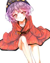 Rule 34 | 1girl, bare legs, bowl, bowl hat, collarbone, floral print, from above, hat, japanese clothes, kimono, long sleeves, looking at viewer, md5 mismatch, obi, pokan (xz1128), purple hair, red eyes, sash, short hair, sitting, smile, solo, sukuna shinmyoumaru, touhou, wide sleeves