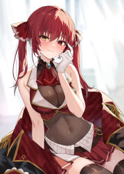 Rule 34 | 1girl, ascot, bare arms, bare shoulders, belt, black jacket, blush, breasts, brooch, brown leotard, brown thighhighs, cleavage, closed mouth, covered navel, cropped jacket, gloves, hair ribbon, hand up, heterochromia, highres, hololive, houshou marine, jacket, jewelry, large breasts, leotard, leotard under clothes, long hair, looking at viewer, miniskirt, navel, no headwear, off shoulder, pleated skirt, red ascot, red eyes, red hair, red jacket, red skirt, red vest, ribbon, see-through, see-through cleavage, skirt, sleeveless, sleeveless jacket, smile, solo, thighhighs, thighs, twintails, vest, virtual youtuber, white gloves, yellow eyes, yon (letter), zettai ryouiki