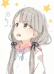 Rule 34 | 1girl, black ribbon, blush, brown eyes, commentary request, drawstring, gomennasai, grey hair, hair ribbon, hisakawa nagi, hood, hood down, hoodie, idolmaster, idolmaster cinderella girls, long hair, looking away, looking up, low twintails, parted lips, ribbon, simple background, solo, star (symbol), tongue, tongue out, translation request, twintails, upper body, very long hair, white background, white hoodie