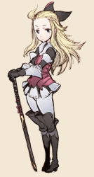 Rule 34 | 1girl, black footwear, blonde hair, boots, bow, bravely default: flying fairy, bravely default (series), edea lee, gloves, hair bow, highres, katana, knee boots, long hair, matsuryuu, pantyhose, sketch, solo, sword, weapon, white pantyhose