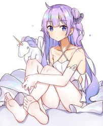 Rule 34 | 1girl, absurdres, ahoge, azur lane, bare shoulders, black ribbon, blush, closed mouth, collarbone, commentary request, criss-cross halter, dress, artistic error, feet, hair bun, hair ribbon, halterneck, highres, long hair, looking at viewer, no shoes, norazura, one side up, pantyhose, purple eyes, purple hair, ribbon, side bun, single hair bun, single side bun, sitting, soles, solo, stuffed winged unicorn, toes, unicorn (azur lane), very long hair, white dress, white pantyhose, wrong foot
