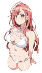 Rule 34 | 1girl, ahoge, arisugawa natsuha, bikini, black eyes, bracelet, breasts, brown hair, cleavage, closed mouth, commentary request, cowboy shot, criss-cross halter, cropped legs, earrings, halterneck, highres, idolmaster, idolmaster shiny colors, jewelry, long hair, looking at viewer, medium breasts, navel, o-ring, o-ring bikini, o-ring bottom, o-ring top, simple background, single sidelock, smile, solo, swimsuit, wasabi (wasalongt), white background, white bikini