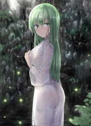 Rule 34 | 1girl, ass, blush, commentary request, cowboy shot, from side, green eyes, green hair, hair between eyes, kochiya sanae, leaf, long hair, long sleeves, looking at viewer, parted lips, robe, rock, see-through, solo, standing, touhou, wet, wet clothes, white robe, y2