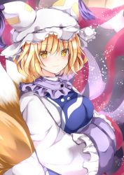 Rule 34 | 1girl, animal hat, blonde hair, blush, breasts, closed mouth, dress, fox tail, hair between eyes, hands in opposite sleeves, hat, long sleeves, looking at viewer, medium breasts, mob cap, multiple tails, nanase nao, sleeves past fingers, sleeves past wrists, smile, solo, tabard, tail, touhou, white dress, white hat, wide sleeves, yakumo ran, yellow eyes