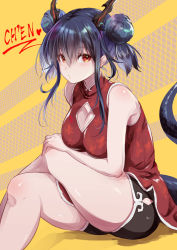Rule 34 | 1girl, arknights, bare shoulders, black shorts, blue hair, breasts, ch&#039;en (ageless afterglow) (arknights), ch&#039;en (arknights), china dress, chinese clothes, cleavage, cleavage cutout, clothing cutout, crossed legs, double bun, dragon horns, dragon tail, dress, hair between eyes, hair bun, highres, horns, long hair, looking at viewer, medium breasts, official alternate costume, red dress, red eyes, shorts, sidelocks, sitting, sleeveless, solo, tail, thighs, yue (lov n n)