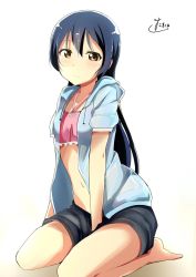 Rule 34 | 1girl, bikini, bikini under clothes, blue hair, blush, closed mouth, commentary request, female focus, hair between eyes, highres, long hair, looking at viewer, love live!, love live! school idol project, navel, open clothes, seiza, simple background, sitting, solo, sonoda umi, swimsuit, swimsuit under clothes, tata (tataice), white background, yellow eyes