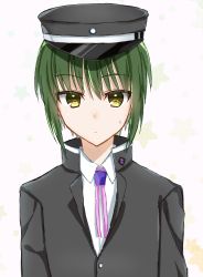 Rule 34 | 1boy, absurdres, angel beats!, black hat, black jacket, closed mouth, expressionless, eyes visible through hair, green hair, hair between eyes, hat, headgear, highres, jacket, key (company), long sleeves, looking at viewer, male focus, naoi ayato, popped collar, ribbon, school uniform, shirt, short hair, simple background, solo, sweatdrop, white background, white shirt, yellow eyes, zuzuhashi