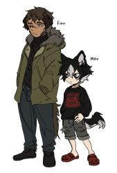 Rule 34 | 2boys, animal ears, black eyes, black footwear, black hair, black sweater, brown eyes, character name, commentary, crocs, deviidog0, dog boy, dog ears, dog tail, english commentary, full body, fur-trimmed jacket, fur trim, green jacket, grey hair, grey shorts, hand on own hip, hands in pockets, highres, jacket, long sleeves, male focus, multicolored hair, multiple boys, one eye closed, original, pants, red footwear, scar, scar across eye, scar on face, scar on nose, shoes, short hair, shorts, sideburns, simple background, standing, sweater, tail, turtleneck, turtleneck sweater, two-tone hair, white background