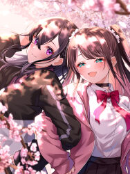 Rule 34 | 2girls, black choker, black hair, black jacket, black skirt, blush, bow, bowtie, branch, cherry blossoms, choker, collared shirt, commentary, crossed bangs, fang, green eyes, hair between eyes, hair ornament, hair scrunchie, hand in own hair, highres, hood, hoodie, ichinose uruha, jacket, kaga nazuna, locked arms, looking at viewer, looking to the side, lupinus virtual games, multicolored hair, multiple girls, open mouth, pink hair, pink hoodie, pink jacket, pleated skirt, purple hair, scrunchie, shirt, sidelocks, skirt, smile, standing, swept bangs, symbol-only commentary, toki (toki ship8), twintails, two-tone hair, virtual youtuber, vspo!, white shirt