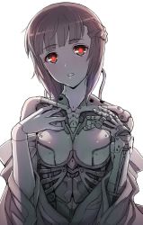 1girl android android_girl_(itou) braid brown_hair cable chromatic_aberration commentary_request glowing glowing_eyes hands_on_own_chest head_tilt itou_(onsoku_tassha) joints looking_at_viewer mechabare original parted_lips partially_undressed red_pupils robot_joints solo upper_body