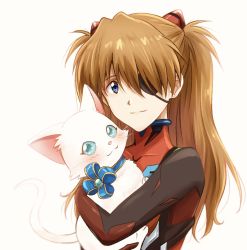 Rule 34 | 1girl, :3, animal, animal ears, animal hug, baumku techen, blue eyes, bodysuit, breasts, brown hair, carrying, cat, cat ears, cat tail, cowboy shot, crossover, evangelion: 3.0+1.0 thrice upon a time, eyepatch, hair between eyes, hair ornament, headgear, highres, hug, long hair, looking at viewer, neon genesis evangelion, plugsuit, rebuild of evangelion, red bodysuit, shiny clothes, shironeko project, solo, souryuu asuka langley, tail, upper body, very long hair