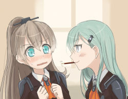 Rule 34 | 10s, 2girls, aqua eyes, aqua hair, blue eyes, blush, brown hair, clenched hands, collared shirt, embarrassed, eye contact, food, grey eyes, hair ornament, hairclip, indoors, kantai collection, kumano (kancolle), long hair, looking at another, military, military uniform, mouth hold, multiple girls, naughty face, neck, nekopan (neko-blr), nekopantz, open mouth, personification, pocky, ponytail, sharing food, shirt, shy, smile, suzuya (kancolle), sweat, sweatdrop, uniform, upper body, wavy mouth, window, yuri