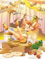 Rule 34 | 10s, 1girl, :d, arms up, banana, banana slice, bare legs, blue bow, blush, boots, bottle, bow, bread slice, breasts, brown eyes, brown gloves, brown hair, cleavage, collar, crop top, curtains, detached collar, detached sleeves, floating hair, food, frilled collar, frills, fruit, gloves, green bow, holding, holding spoon, idolmaster, idolmaster million live!, in food, jar, joey koguma, legs up, long hair, looking at viewer, midriff, mini person, minigirl, navel, ogami tamaki, one side up, open mouth, oversized object, overskirt, peanut, peanut butter, plant, pleated skirt, pouring, puffy short sleeves, puffy sleeves, red bow, short sleeves, shorts, sitting, sitting on object, skirt, small breasts, smile, solo, spoon, strapless, swept bangs, toast, two-handed, yellow footwear, yellow shorts