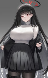 Rule 34 | 1girl, absurdres, black hair, black jacket, black pantyhose, black skirt, blue archive, blunt bangs, breasts, bright pupils, cowboy shot, grey background, hair behind ear, hair ornament, hairclip, halo, highres, holster, huge breasts, jacket, long hair, long sleeves, looking at viewer, mashilemo, off shoulder, open clothes, open jacket, pantyhose, parted lips, pleated skirt, red eyes, ribbed sweater, rio (blue archive), skindentation, skirt, solo, sweater, sweater tucked in, taut clothes, thigh holster, thigh strap, thighs, turtleneck, turtleneck sweater, two-tone background, very long hair, white background, white pupils