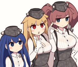 Rule 34 | 3girls, akatsuki (kancolle), atlanta (kancolle), atlanta (kancolle) (cosplay), blue eyes, blue hair, blush, bra visible through clothes, breasts, cosplay, finger gun, fingerless gloves, gloves, hair flaps, highres, kantai collection, long hair, matching outfits, medium breasts, multiple girls, open mouth, red eyes, red hair, see-through, simoyuki, twintails, very long hair, yuudachi (kancolle)