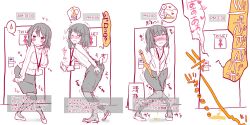 Rule 34 | 1girl, arm at side, between legs, blush, breasts, clenched hands, closed eyes, closed mouth, door, embarrassed, english text, female focus, full body, half-closed eyes, hand between legs, have to pee, heart, highres, id card, imagining, indoors, japanese text, knees together feet apart, lanyard, leaning forward, looking to the side, medium breasts, moaning, monochrome, multiple views, nose blush, office lady, original, pantyhose, pee, peeing, peeing self, pigeon-toed, raised eyebrows, ribbed sweater, shoes, short hair, sidelocks, sketch, speech bubble, spoken heart, standing, sweat, sweater, thought bubble, timestamp, translated, trembling, uesaki take, v arms