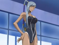 Rule 34 | 1girl, breasts, code geass, competition swimsuit, curvy, dark-skinned female, dark skin, large breasts, long hair, one-piece swimsuit, ponytail, screencap, shiny skin, silver hair, single vertical stripe, solo, swimsuit, third-party edit, villetta nu, wide hips, yellow eyes
