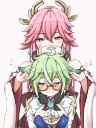 Rule 34 | 2girls, animal ears, blush, cleavage cutout, clothing cutout, dadamori, genshin impact, glasses, grabbing another&#039;s ear, green hair, hair ornament, hand on another&#039;s ear, hat, holding ears, japanese clothes, miko, multiple girls, petting, pink hair, purple eyes, stroking, sucrose (genshin impact), vision (genshin impact), yae miko, yellow eyes