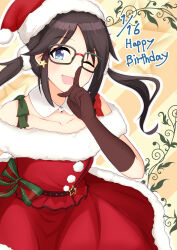 1girl absurdres bare_shoulders black-framed_eyewear black_hair bow detached_collar dress finger_to_mouth fur-trimmed_dress fur_trim glasses gloves happy_birthday hat highres idolmaster idolmaster_shiny_colors index_finger_raised low_twintails mitsumine_yuika outline purple_gloves red_dress santa_costume santa_dress santa_hat solo twintails white_outline yellow_background yosumi_(yosumi11)