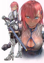 Rule 34 | 1girl, armor, blue eyes, blush, boots, breastplate, breasts, cleavage, cleavage cutout, closed mouth, clothing cutout, embarrassed, female knight, gauntlets, hair ornament, hairclip, headband, high heel boots, high heels, highres, holding, holding sword, holding weapon, kilye kairi, knight, large breasts, leaning forward, looking at viewer, armored boots, mole, mole under eye, multiple views, original, pauldrons, pink hair, projected inset, shirt, shoulder armor, simple background, sword, thigh boots, thighhighs, thighhighs under boots, weapon, wet, wet clothes, wet shirt, white background