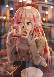 Rule 34 | 1girl, ahoge, alternate costume, blonde hair, braid, cable, cafe, casual, commentary, cup, digital media player, earphones, english commentary, from outside, grey sweater, hair between eyes, highres, holding, holding cup, ia (vocaloid), indoors, long hair, long sleeves, multicolored hair, nail polish, pink hair, pink nails, reflection, saucer, sitting, sleeves past wrists, solo, sweater, table, takepon1123, teacup, twin braids, two-tone hair, upper body, very long hair, vocaloid