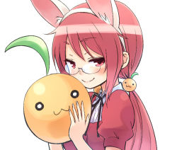 Rule 34 | 1girl, :3, animal ears, bad id, bad pixiv id, blush, character request, food, fruit, glasses, hair ornament, kuinji 51go, long hair, looking at viewer, orange (fruit), rabbit ears, red eyes, red hair, smile, twintails