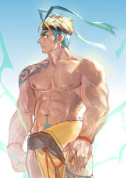 Rule 34 | 1boy, abs, bara, character request, crrispy shark, headband, highres, large pectorals, long sideburns, looking to the side, male focus, multicolored hair, muscular, muscular male, navel hair, nipples, pectorals, pelvic curtain, short hair, sideburns, solo, stomach, sunlight, sweat, topless male, tribal, two-tone hair, world flipper