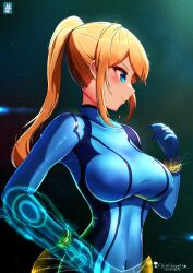 Rule 34 | 1girl, artist name, blonde hair, blue bodysuit, blue eyes, blush, bodysuit, bracelet, breasts, chinchongcha, closed mouth, covered collarbone, covered erect nipples, covered navel, eyelashes, glint, gradient background, hair between eyes, hand up, high ponytail, highres, jewelry, large breasts, light purple hair, long hair, metroid, nintendo, ponytail, profile, samus aran, sidelocks, signature, smile, solo, upper body, v-shaped eyebrows, watermark, zero suit