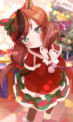 Rule 34 | 1girl, absurdres, animal ears, black pantyhose, blush, boots, bow, box, brown hair, capelet, christmas, christmas ornaments, christmas tree, closed mouth, commentary request, dress, gift, gift box, green bow, grey eyes, hands up, head tilt, highres, horse ears, horse girl, horse tail, indoors, ktgrtos, long sleeves, looking at viewer, merry christmas, multicolored hair, nice nature (umamusume), pantyhose, red capelet, red dress, red footwear, santa costume, smile, solo, standing, streaked hair, swept bangs, tail, twintails, umamusume, wooden floor