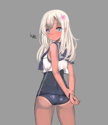 Rule 34 | 10s, 1girl, arms behind back, ass, bad id, bad pixiv id, blonde hair, blue eyes, crop top, flower, from behind, grey background, hair flower, hair ornament, highres, kantai collection, long hair, looking at viewer, looking back, one-piece swimsuit, ro-500 (kancolle), school swimsuit, siricue, solo, swimsuit, swimsuit under clothes, tan, tanline