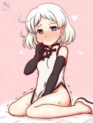 Rule 34 | 1girl, ahoge, alternate costume, black gloves, blue eyes, blush, china dress, chinese clothes, covered navel, dress, elbow gloves, gloves, gradient background, heart, heart-shaped pupils, kanon (kurogane knights), kantai collection, natsugumo (kancolle), nose blush, one-hour drawing challenge, pink background, short hair, solo, symbol-shaped pupils, trembling, white dress, white footwear, white hair