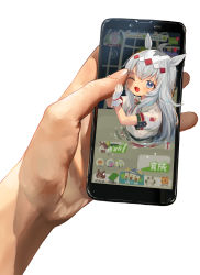 Rule 34 | 1girl, 1other, ahoge, animal ears, bad id, bad twitter id, blue eyes, cellphone, child, commentary request, gloves, grey hair, headpiece, highres, holding, holding phone, horse ears, hug, ishida umi, long hair, multicolored hair, oguri cap (umamusume), one eye closed, open mouth, out of frame, phone, shirt, short sleeves, simple background, smartphone, smile, through medium, through screen, umamusume, white background, white gloves, white shirt