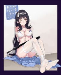 Rule 34 | 1girl, amiba (user gdrv8448), arms behind back, assault rifle, bad id, bad pixiv id, bdsm, bikini, black hair, bondage, bound, bound ankles, bound arms, breasts, bullpup, chinese commentary, cleavage, commentary request, flower, framed, front-tie bikini top, front-tie top, girls&#039; frontline, gun, hair flower, hair intakes, hair ornament, hairband, long hair, official alternate costume, outside border, qbz-95, restrained, rifle, sitting, solo, swimsuit, type 95 (girls&#039; frontline), type 95 (summer cicada) (girls&#039; frontline), weapon, white bikini, white flower, white hairband, white legwear, yellow eyes