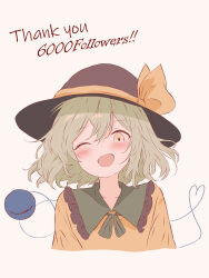 Rule 34 | 1girl, 2024, 55273024, ;d, absurdres, alternate eye color, black hat, blush, close-up, commentary request, cropped torso, dated commentary, english text, floating hair, frilled shirt collar, frills, green hair, hair between eyes, happy, hat, hat ribbon, heart, heart of string, highres, iris-san, komeiji koishi, looking at viewer, medium hair, milestone celebration, one eye closed, open mouth, ribbon, shirt, simple background, smile, solo, third eye, touhou, white background, yellow eyes, yellow ribbon, yellow shirt