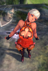 Rule 34 | 10s, 1boy, 1girl, 3d, bare shoulders, bell, blade &amp; soul, blue eyes, blunt bangs, boots, breasts, cleavage, cleavage cutout, clothing cutout, eyelashes, foreshortening, from above, gauntlets, highres, jingle bell, lips, mole, nature, outdoors, perspective, standing, sword, thigh boots, thigh gap, thighhighs, weapon, white hair