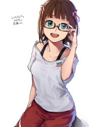 Rule 34 | 1girl, adjusting eyewear, amami haruka, bare arms, bare shoulders, breasts, brown hair, commentary request, glasses, green eyes, hair ribbon, hand on eyewear, highres, idolmaster, idolmaster (classic), kneeling, looking at viewer, off-shoulder shirt, off shoulder, open mouth, red ribbon, red shorts, ribbon, roivas, shirt, short hair, short sleeves, shorts, simple background, small breasts, solo, sportswear, translation request, white background, white shirt