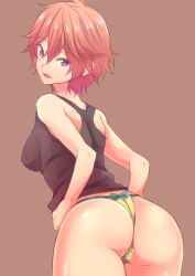 Rule 34 | 10s, 1girl, ass, ass focus, blush, breasts, free!, from behind, genderswap, genderswap (mtf), large breasts, looking back, memeo (candy house), open mouth, pink hair, purple eyes, shigino kisumi, short hair, smile, solo, tank top, thong