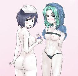 Rule 34 | 2girls, anchor print, ass, black eyes, black hair, black panties, blue capelet, blue hair, blush, bottle, breasts, capelet, chest strap, closed mouth, colored skin, commentary request, completely nude, cookie (touhou), cowboy shot, flour (cookie), hat, holding, holding bottle, hood, hood up, kumoi ichirin, looking at viewer, looking back, medium breasts, medium hair, milk, milk (cookie), milk bottle, multiple girls, murasa minamitsu, nipples, nude, open mouth, panties, pink background, sailor hat, short hair, simple background, smile, torn capelet, torn clothes, touhou, underwear, white skin, yma