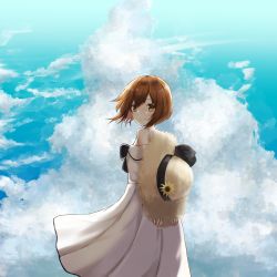 Rule 34 | 1girl, arms behind back, brown eyes, brown hair, cloud, from behind, hat, highres, holding, holding clothes, holding hat, kantai collection, lanthan, looking at viewer, looking back, short hair, smile, solo, straw hat, unworn hat, unworn headwear, yukikaze (kancolle)