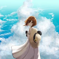 1girl arms_behind_back brown_eyes brown_hair cloud from_behind hat highres holding holding_hat holding_unworn_clothes kantai_collection lanthan looking_at_viewer looking_back short_hair smile solo straw_hat unworn_hat unworn_headwear yukikaze_(kancolle) yukikaze_(summer_mode)_(kancolle)