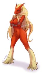 Rule 34 | 1girl, artist name, beak, blaziken, blonde hair, blue eyes, breasts, colored sclera, creatures (company), crossed arms, female focus, full body, furry, furry female, game freak, gen 3 pokemon, highres, large breasts, legs apart, lightningsaber, long hair, looking at viewer, navel, nintendo, no nipples, no pussy, nude, personification, pokemon, pokemon (creature), signature, simple background, solo, standing, tail, white background, yellow sclera